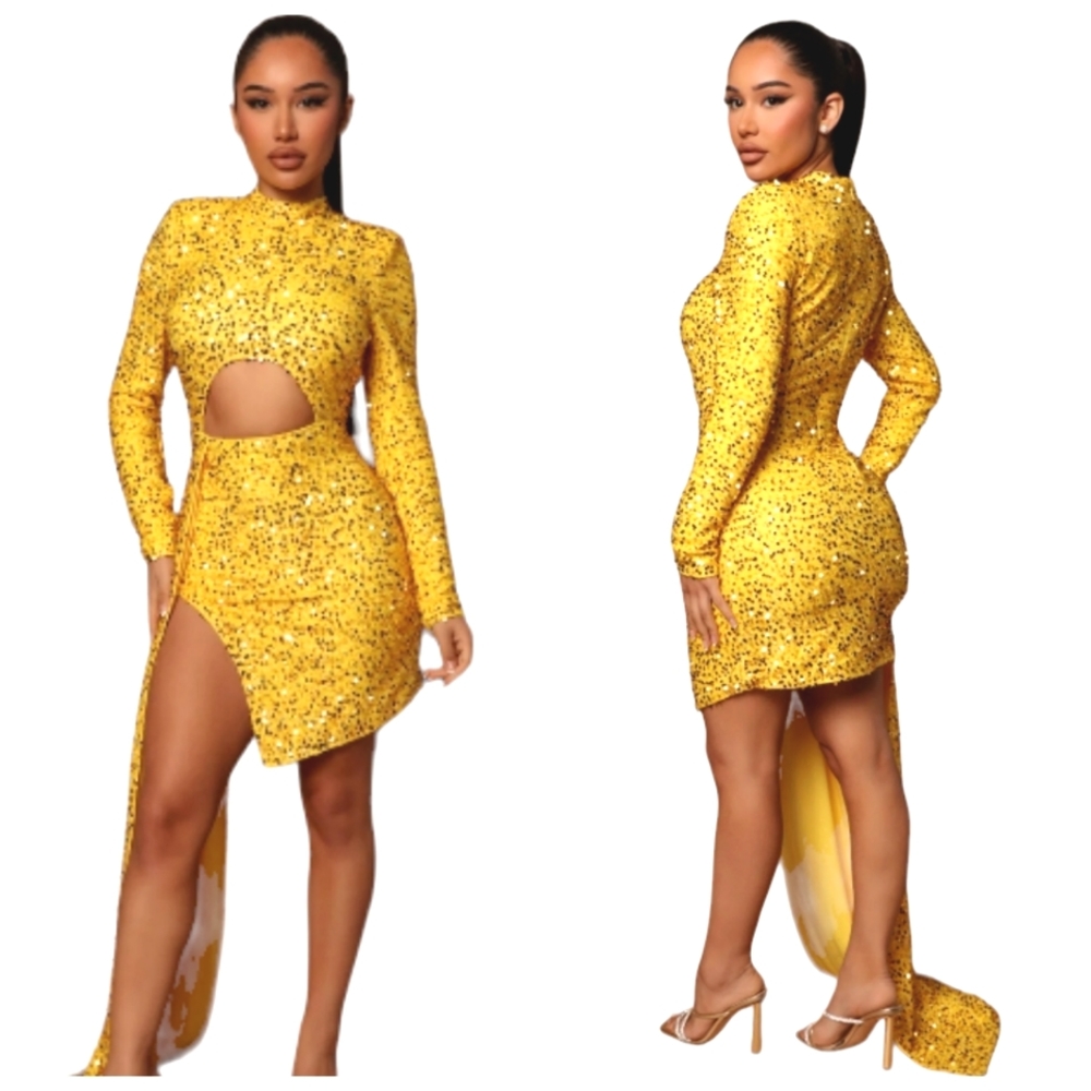 Novaluxe Suzette Embellished Yellow Sequin Longsleeve Prom Dress /Si…